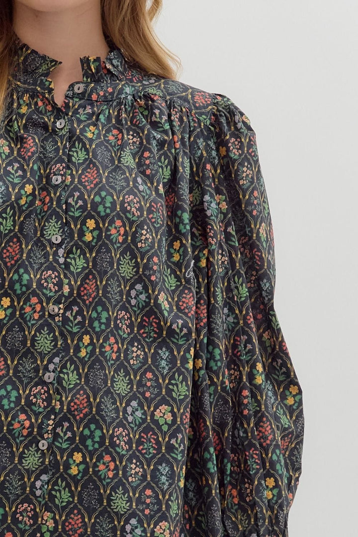 Entro Multi Floral Print Cinched Ruffle Long Sleeve Blouse Top
