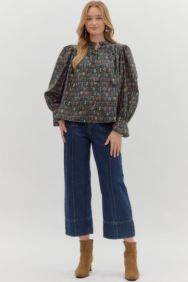 Entro Multi Floral Print Cinched Ruffle Long Sleeve Blouse Top