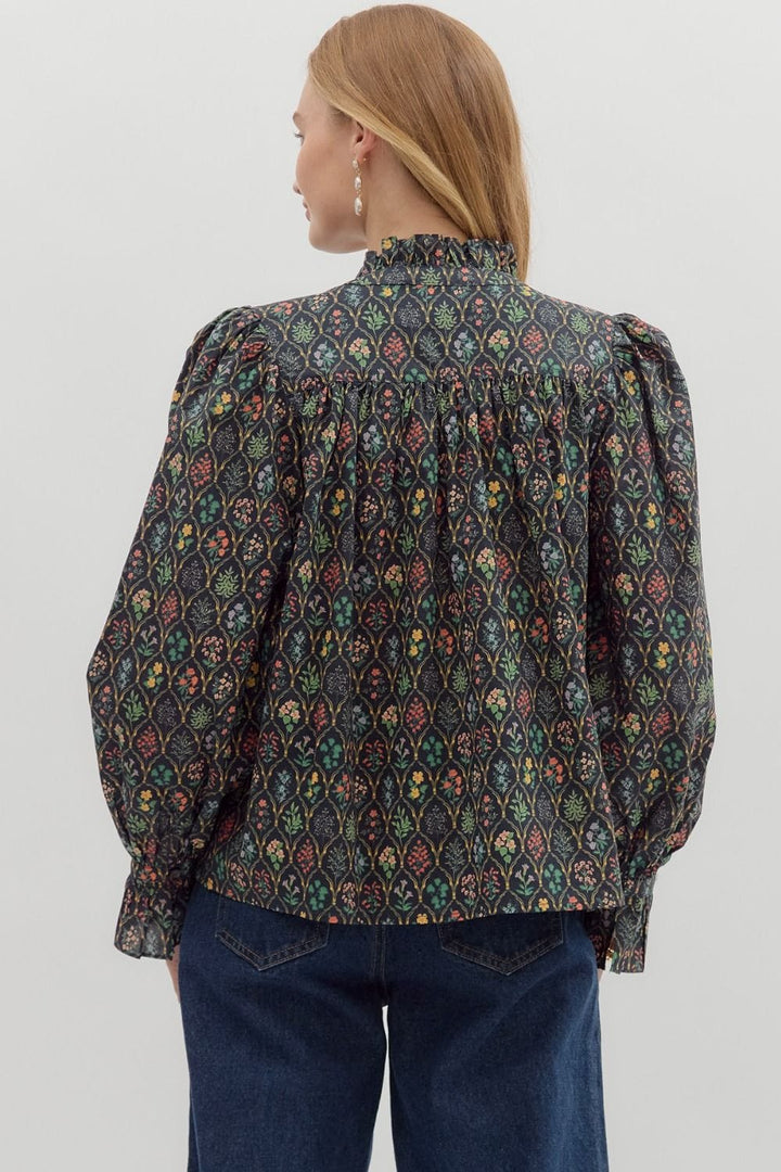 Entro Multi Floral Print Cinched Ruffle Long Sleeve Blouse Top