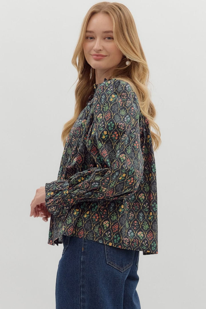 Entro Multi Floral Print Cinched Ruffle Long Sleeve Blouse Top