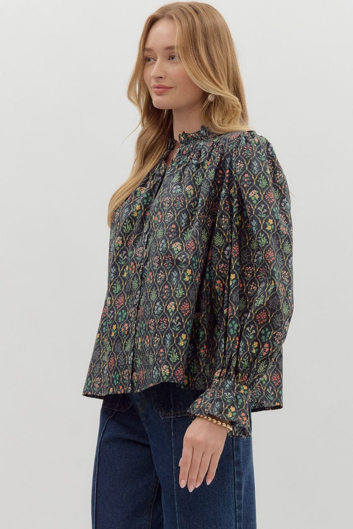 Entro Multi Floral Print Cinched Ruffle Long Sleeve Blouse Top