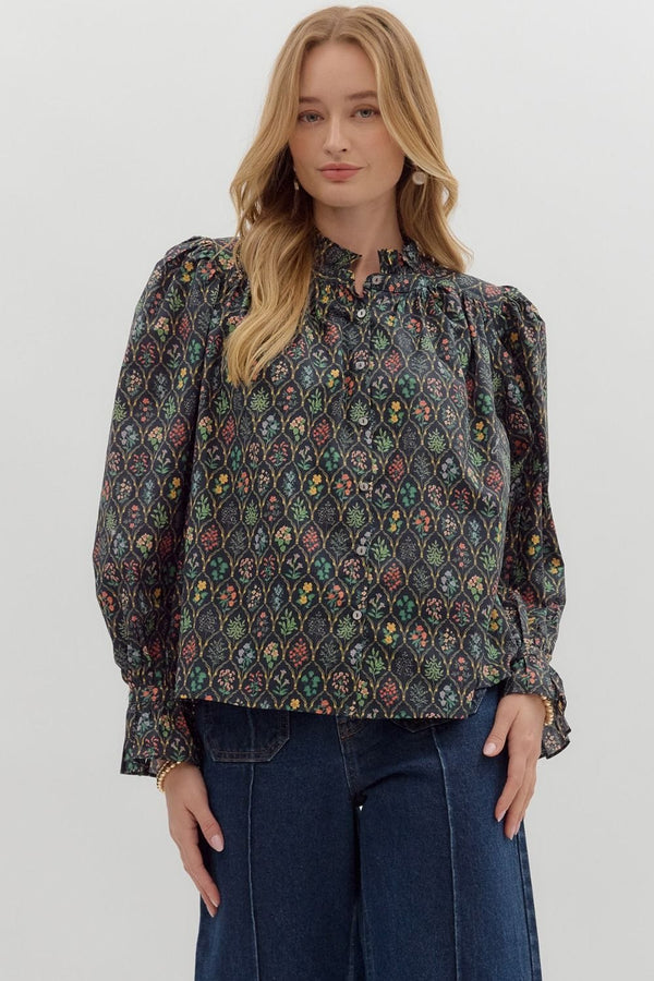 Entro Multi Floral Print Cinched Ruffle Long Sleeve Blouse Top