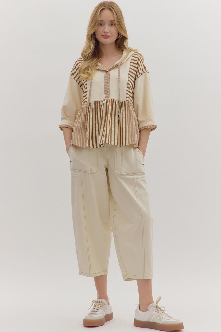 Entro Striped Patchwork Peplum Style Hoodie Top