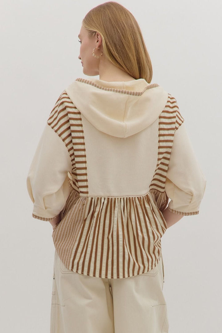 Entro Striped Patchwork Peplum Style Hoodie Top