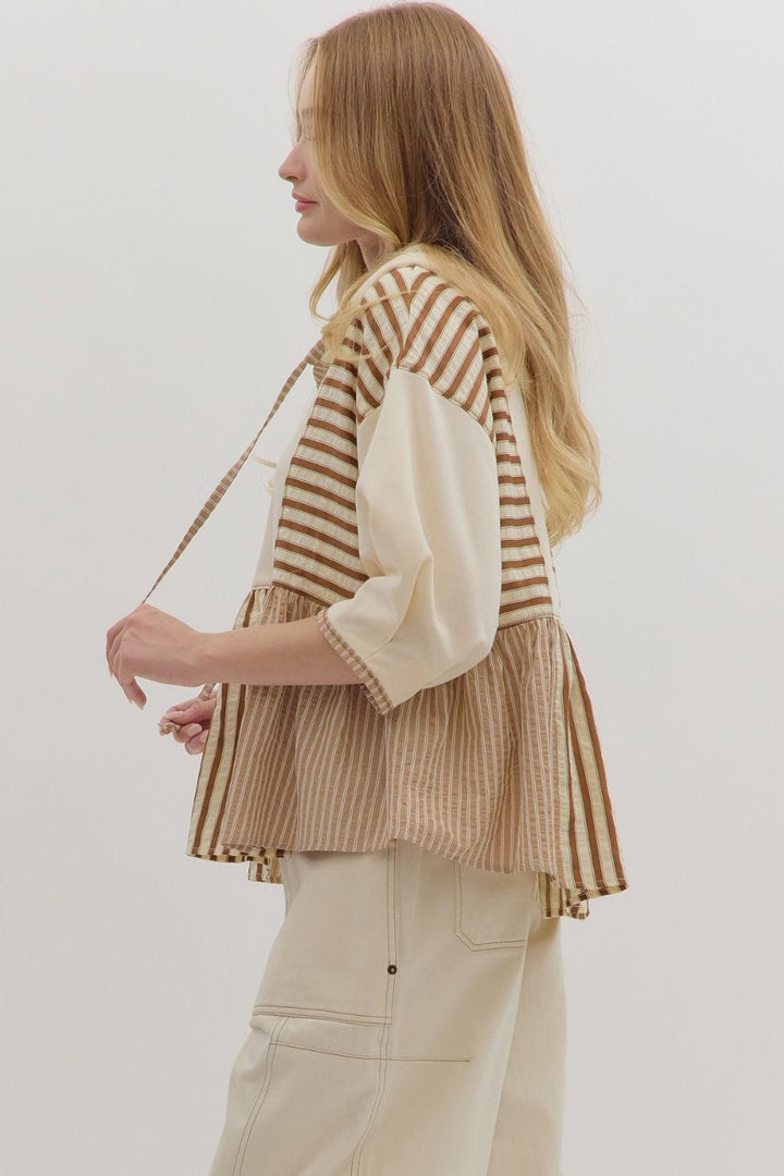 Entro Striped Patchwork Peplum Style Hoodie Top