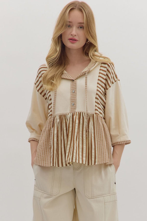 Entro Striped Patchwork Peplum Style Hoodie Top