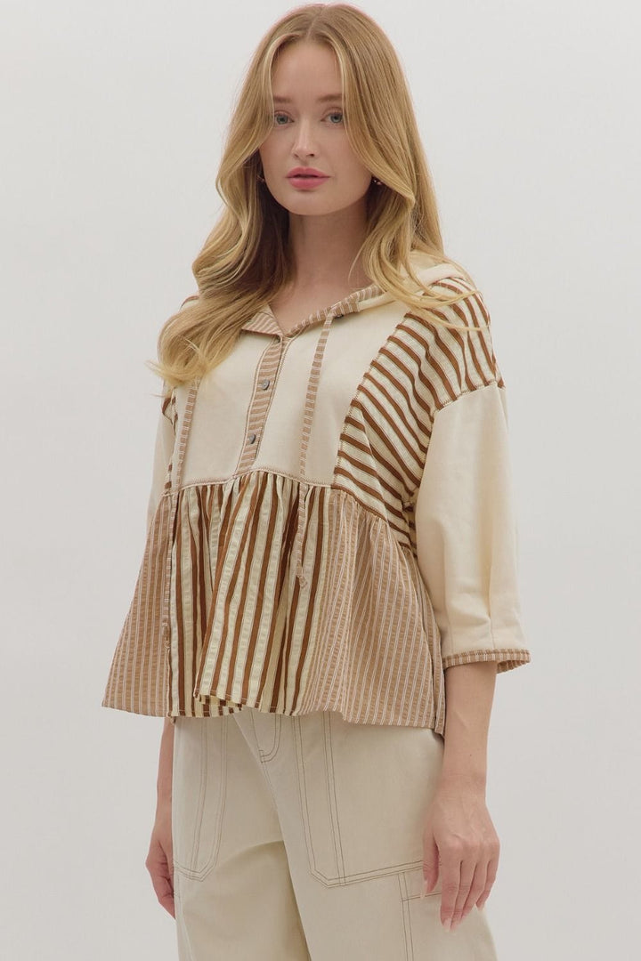 Entro Striped Patchwork Peplum Style Hoodie Top