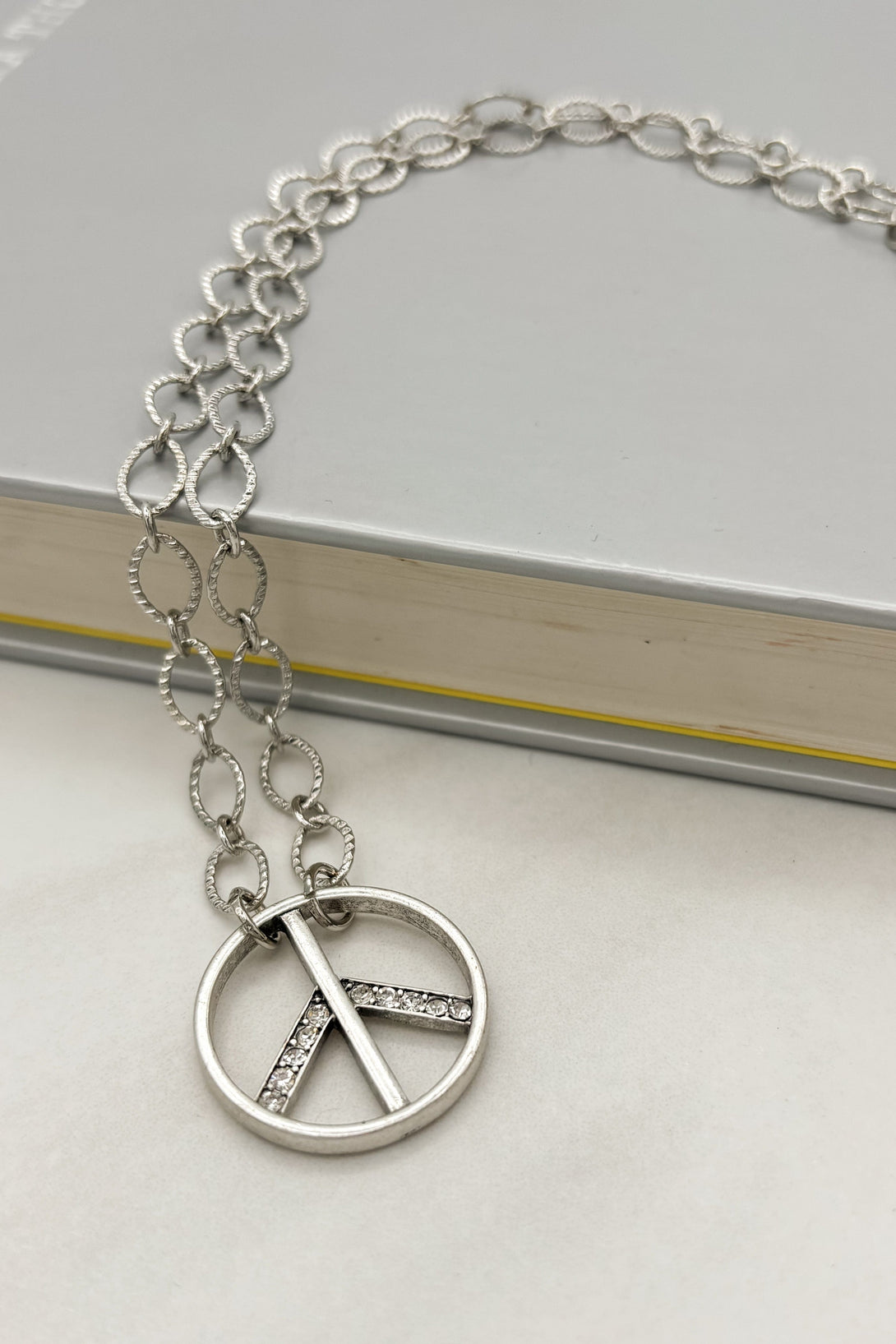 Etched Cable Chain with Embellished Peace Pendant Necklace