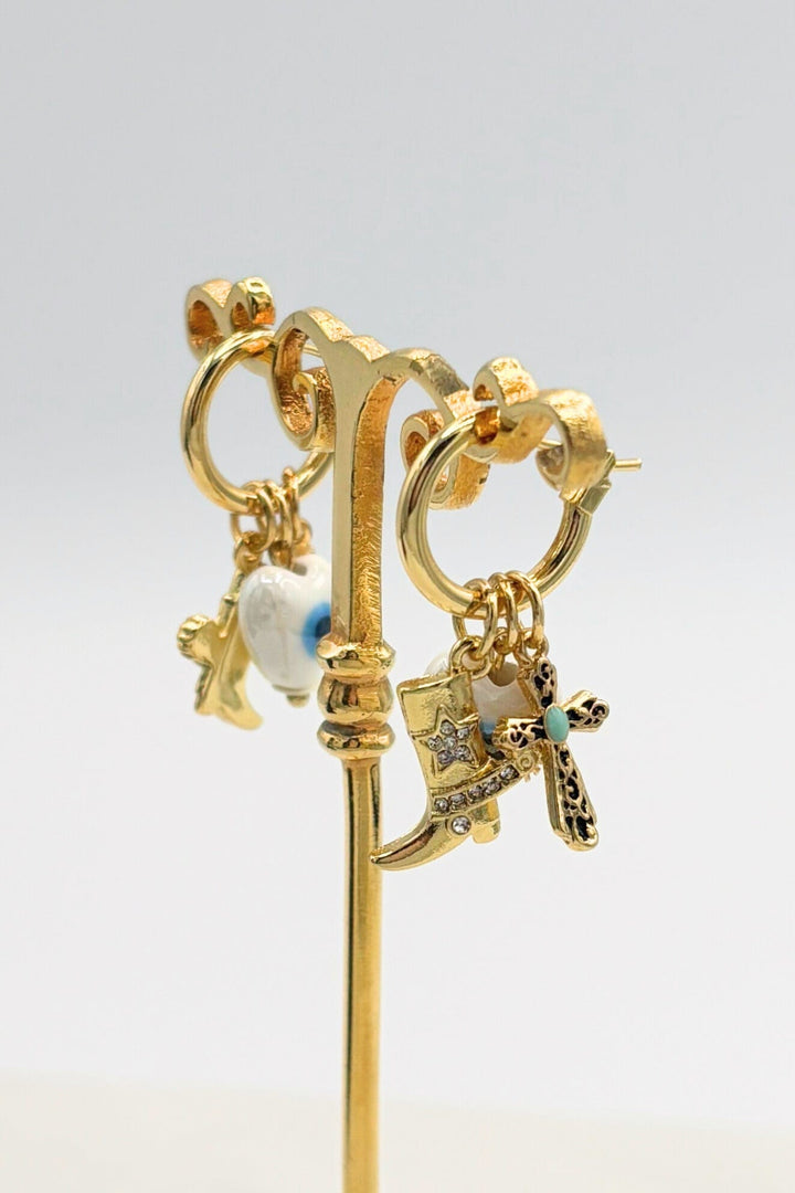 Evil Eye Heart and Western Dangling Charm Hoop Earrings