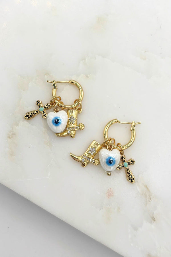 Evil Eye Heart and Western Dangling Charm Hoop Earrings