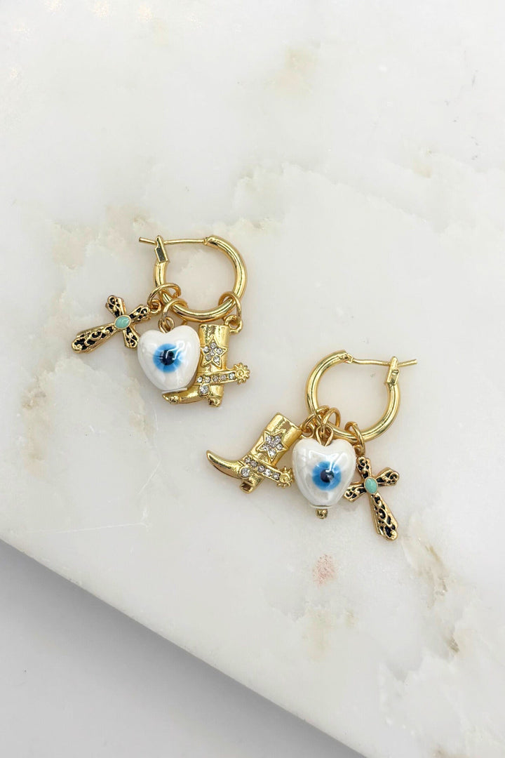 Evil Eye Heart and Western Dangling Charm Hoop Earrings