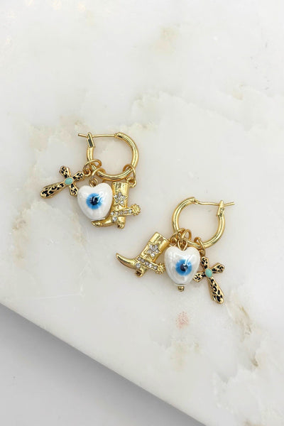 Evil Eye Heart and Western Dangling Charm Hoop Earrings