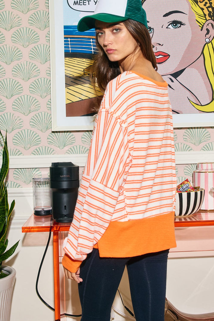 Exaggerated High Low Hemline Long Sleeve Striped Top