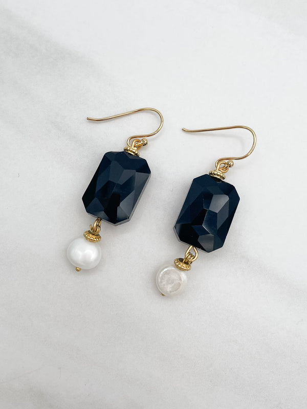 Faceted Black Bead and Freshwater Pearl Earrings