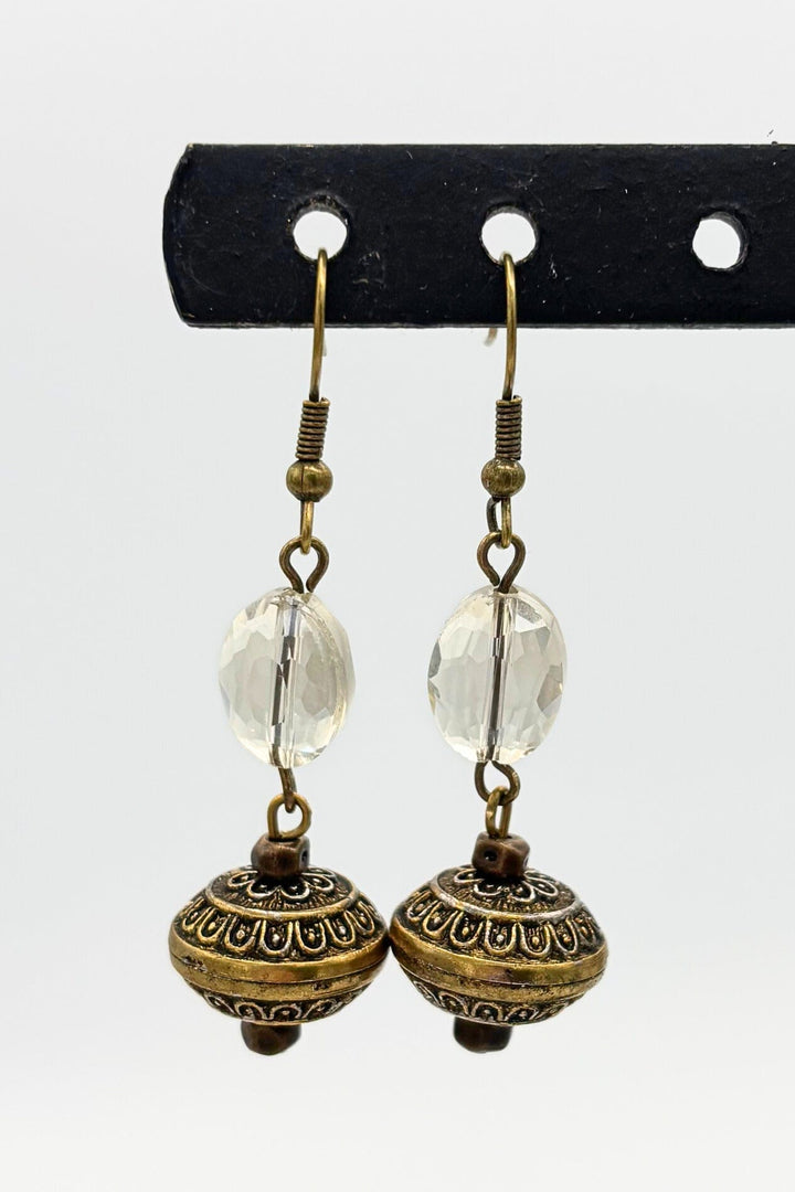 Faceted Oval Crystal Bead with Ornate Accent Beads and Antiqued Metal French Hooks
