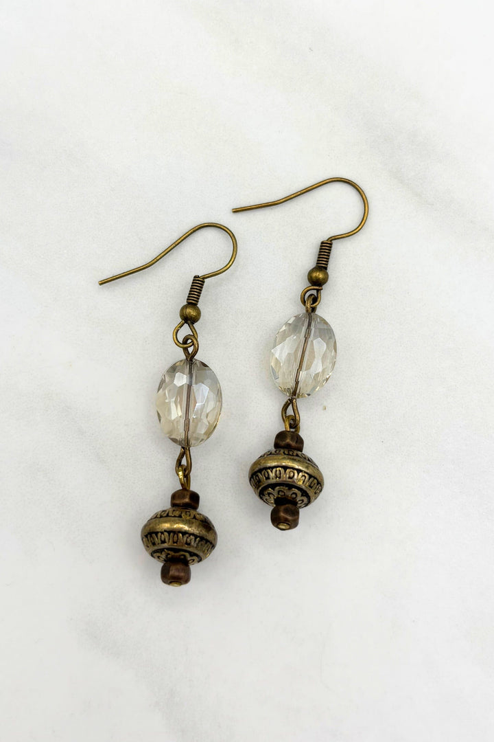 Faceted Oval Crystal Bead with Ornate Accent Beads and Antiqued Metal French Hooks