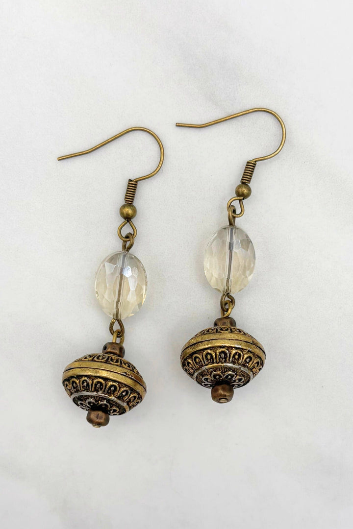 Faceted Oval Crystal Bead with Ornate Accent Beads and Antiqued Metal French Hooks
