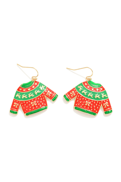 Fair Isle Enamel Christmas Sweater Dangle Earrings
