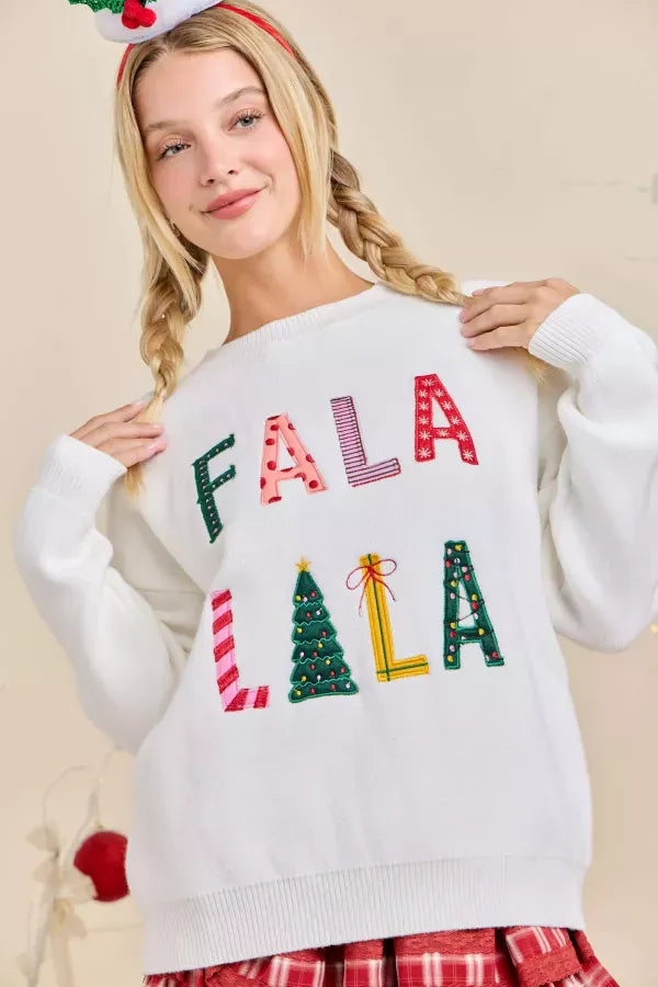FaLaLaLa Embroidered Multicolor Holiday Sweater