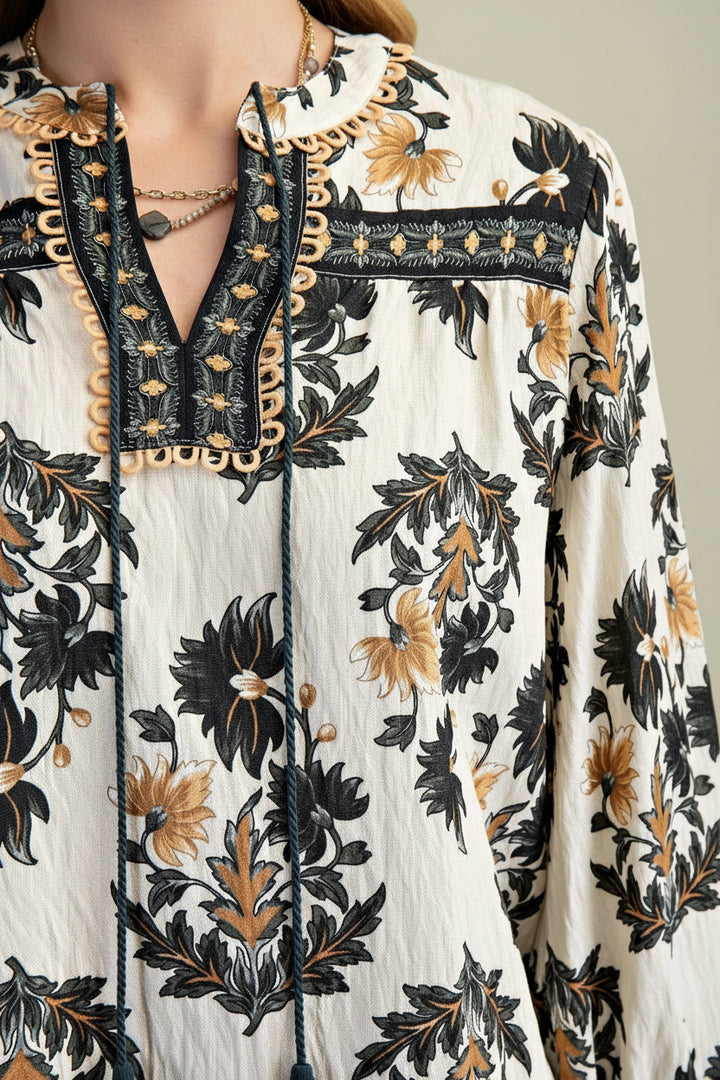 Fall Floral 3/4 Sleeve Split Neck Blouse with Tassel Ties