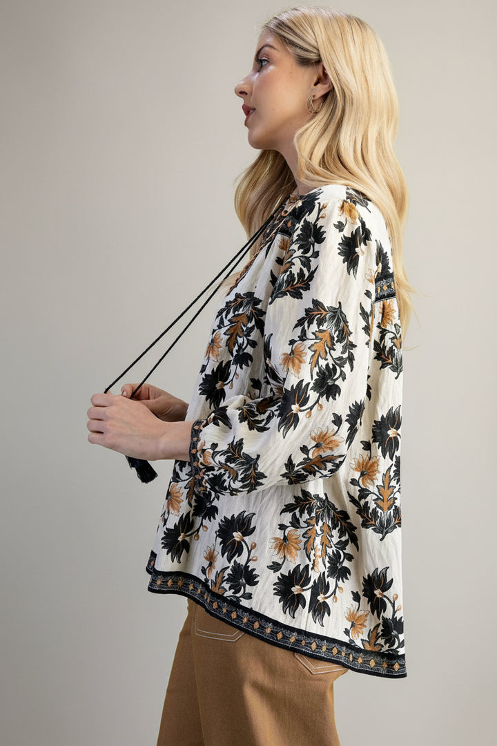 Fall Floral 3/4 Sleeve Split Neck Blouse with Tassel Ties