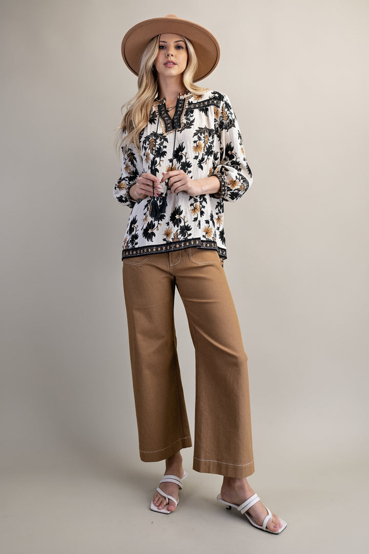 Fall Floral 3/4 Sleeve Split Neck Blouse with Tassel Ties