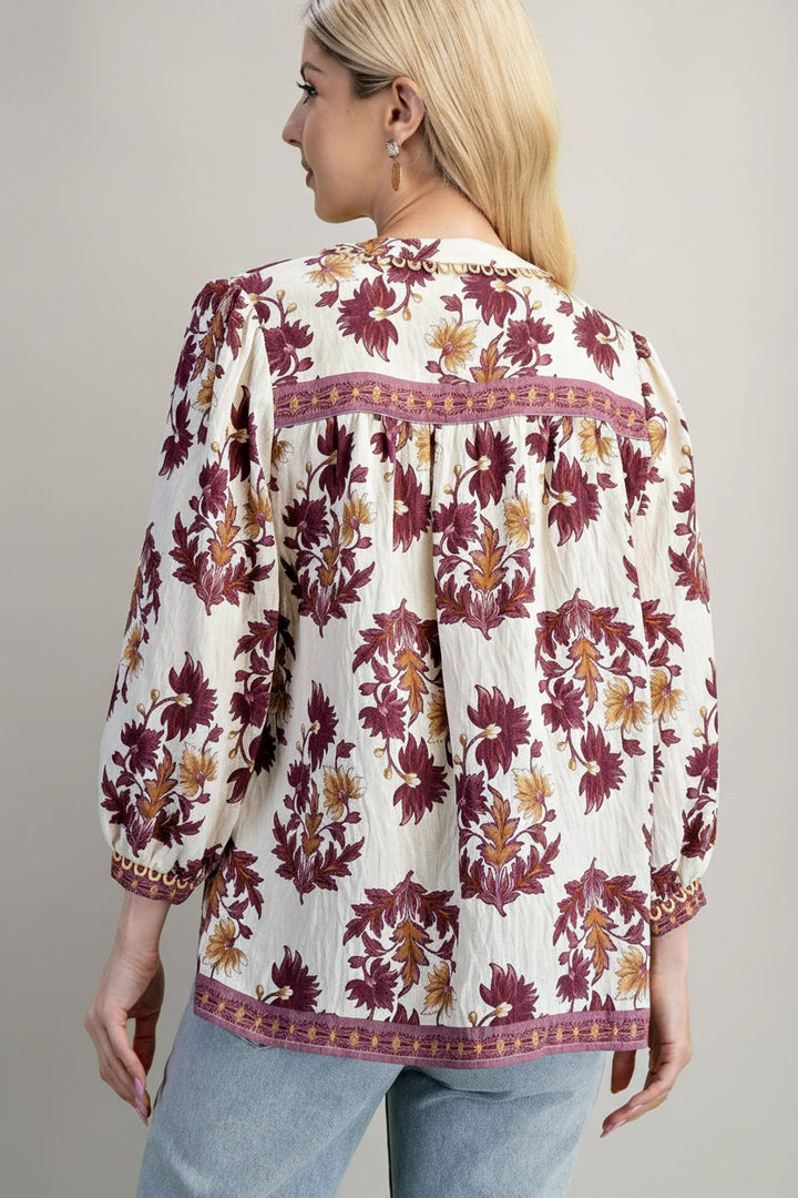 Fall Floral 3/4 Sleeve Split Neck Blouse with Tassel Ties