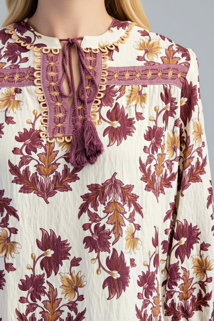 Fall Floral 3/4 Sleeve Split Neck Blouse with Tassel Ties