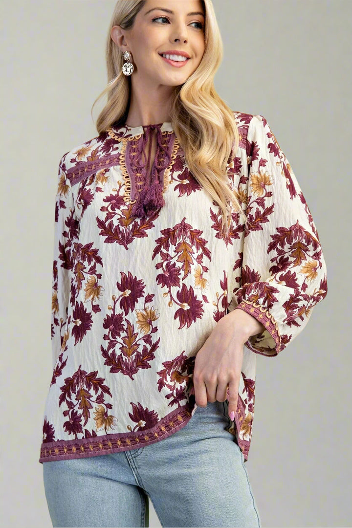 Fall Floral 3/4 Sleeve Split Neck Blouse with Tassel Ties