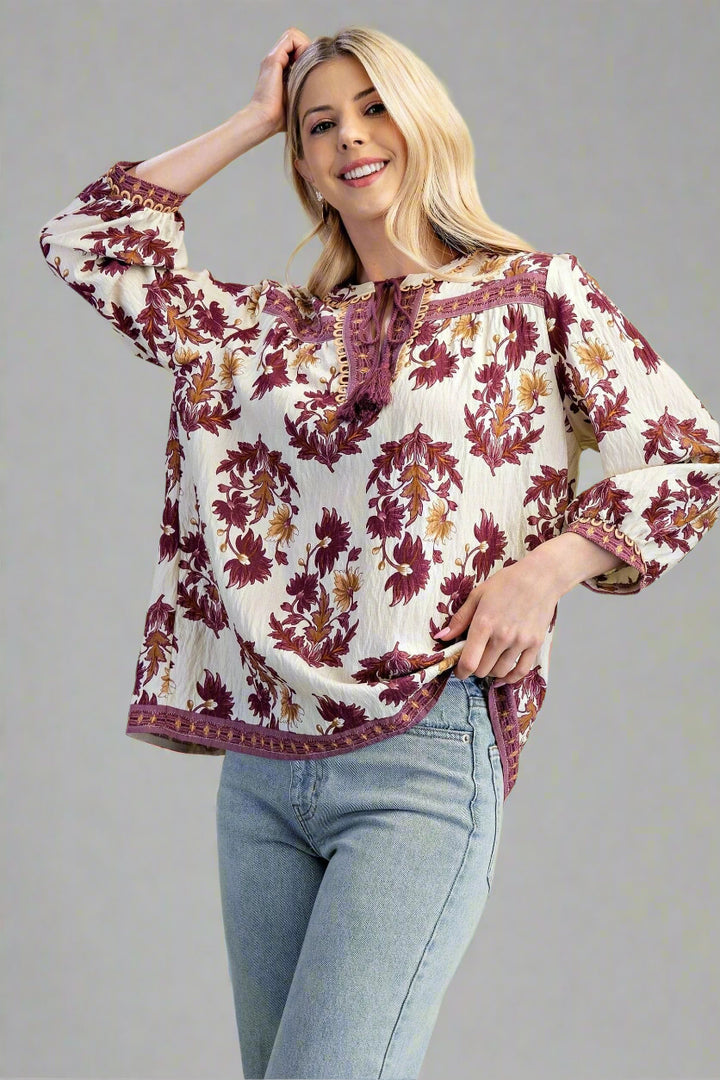 Fall Floral 3/4 Sleeve Split Neck Blouse with Tassel Ties