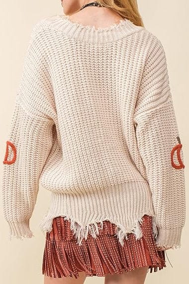 Fall Pumpkin Design V-Neck Frayed Edge Sweater