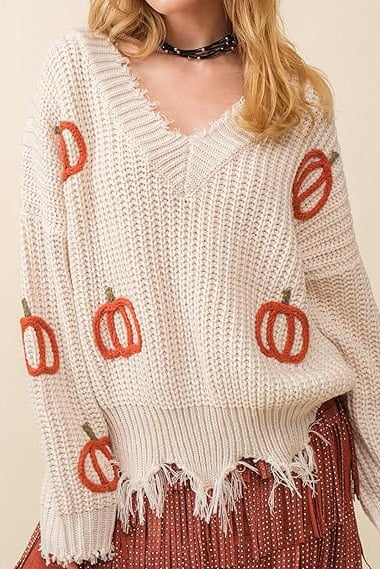 Fall Pumpkin Design V-Neck Frayed Edge Sweater