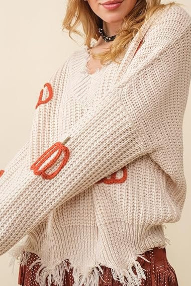 Fall Pumpkin Design V-Neck Frayed Edge Sweater