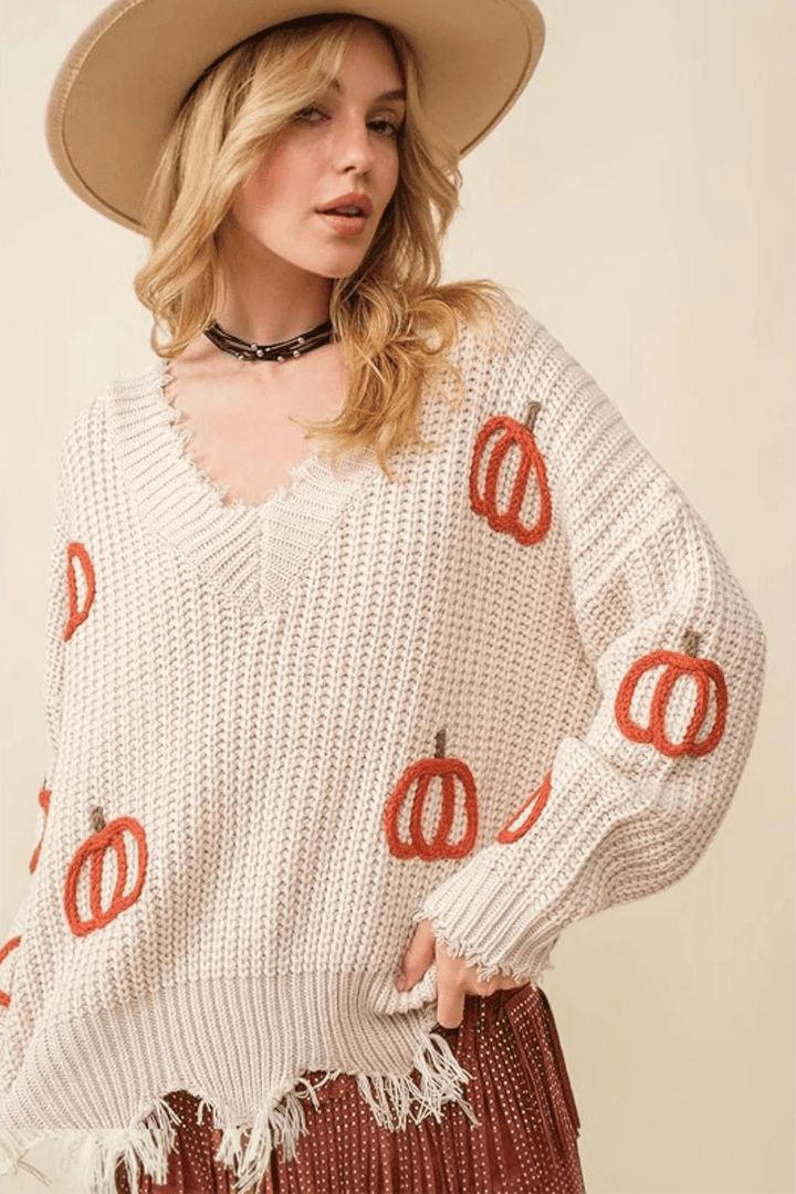 Fall Pumpkin Design V-Neck Frayed Edge Sweater