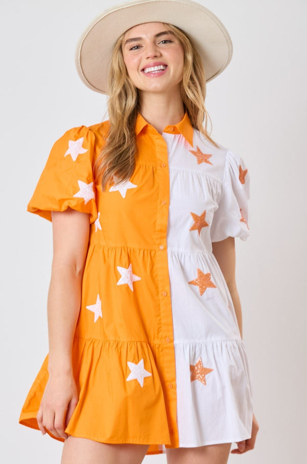 Fantastic Fawn Color Block Poplin Shirt Dress with Embroidered Sequin Stars