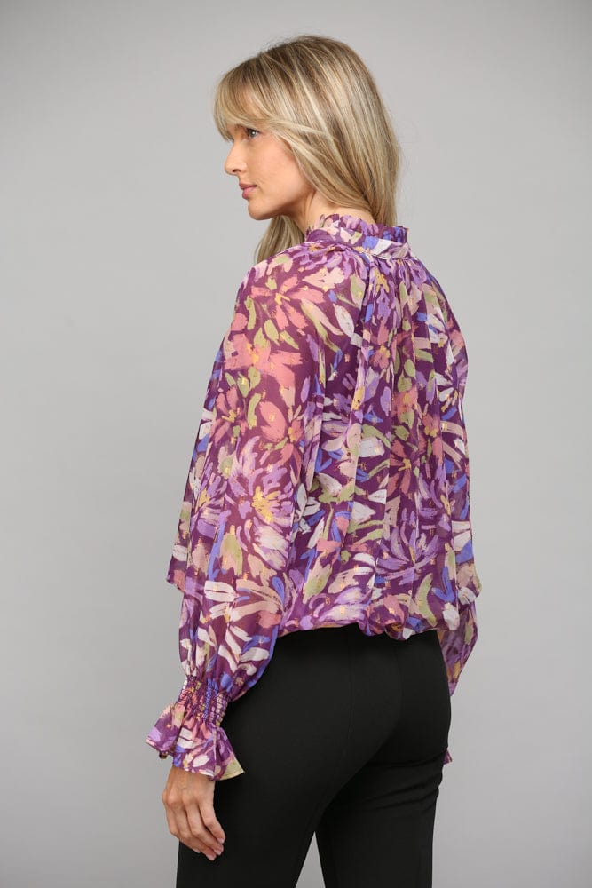 Fate Abstract Print with Foil Chiffon Tie Neck Blouse