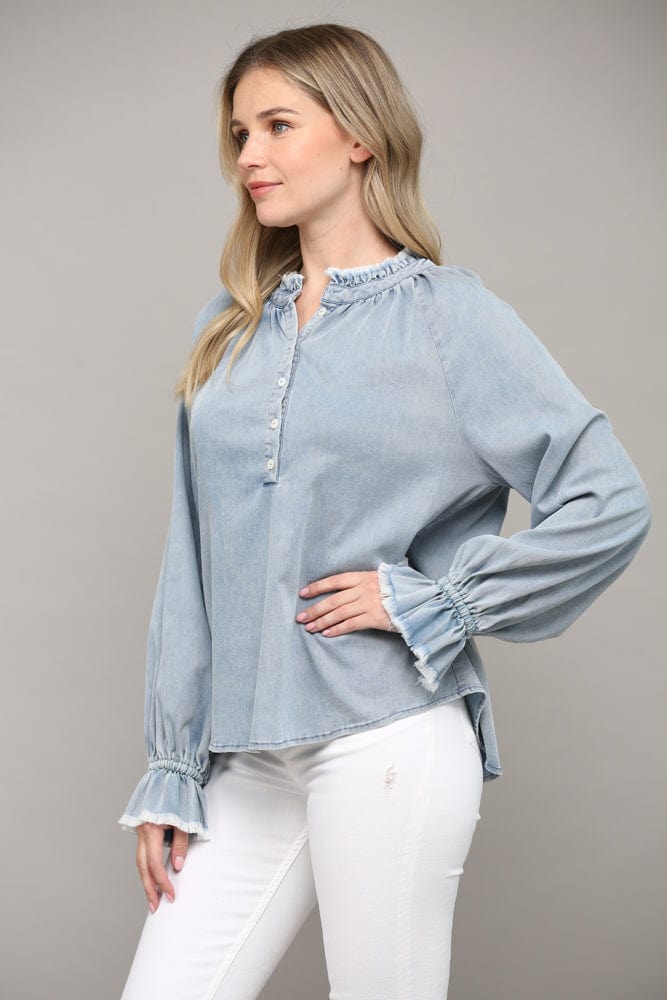 Fate Tencel Blend Top with Ruffle Collar and Cuff