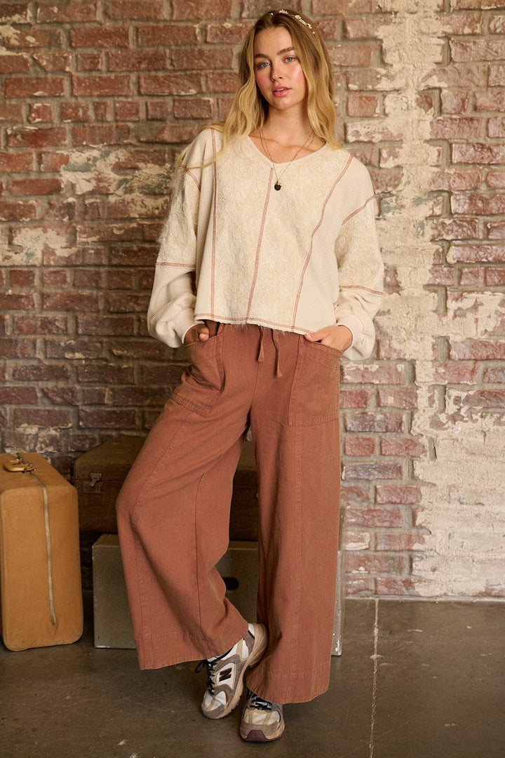 Floral Lace Contrast Stitch Long Sleeve Knit Top