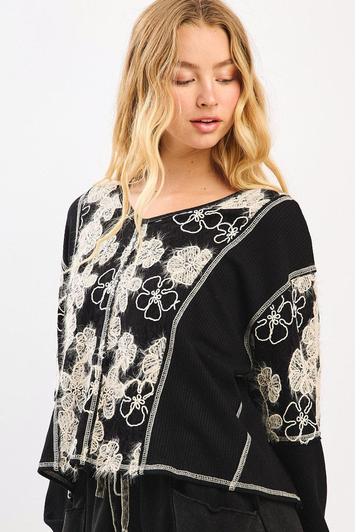 Floral Lace Contrast Stitch Long Sleeve Knit Top
