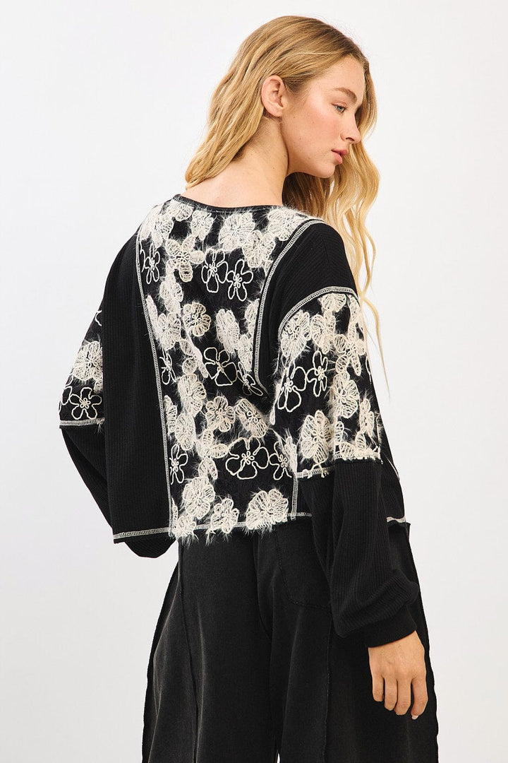 Floral Lace Contrast Stitch Long Sleeve Knit Top