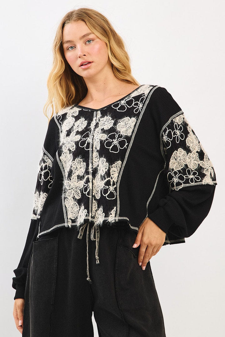 Floral Lace Contrast Stitch Long Sleeve Knit Top