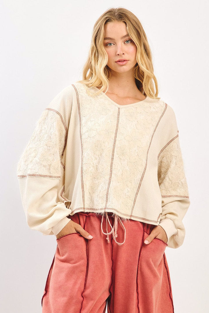 Floral Lace Contrast Stitch Long Sleeve Knit Top