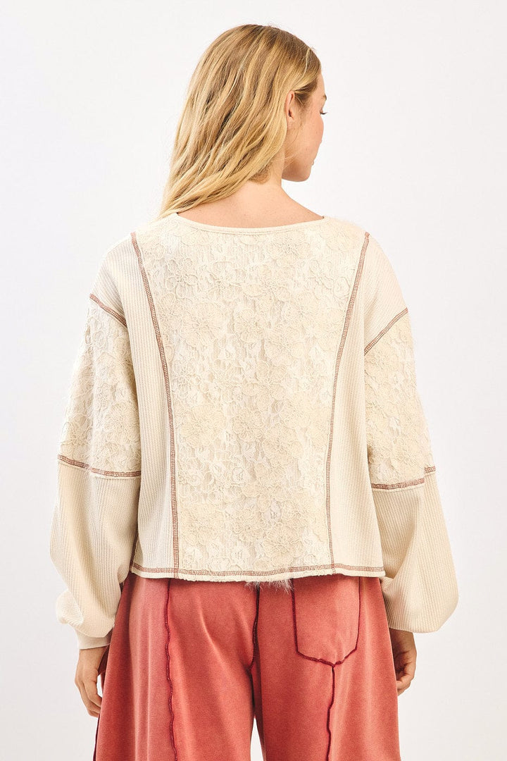 Floral Lace Contrast Stitch Long Sleeve Knit Top