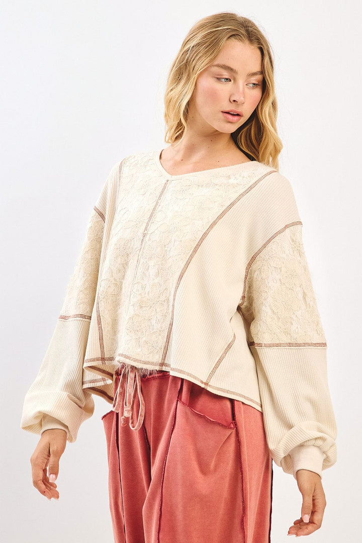 Floral Lace Contrast Stitch Long Sleeve Knit Top