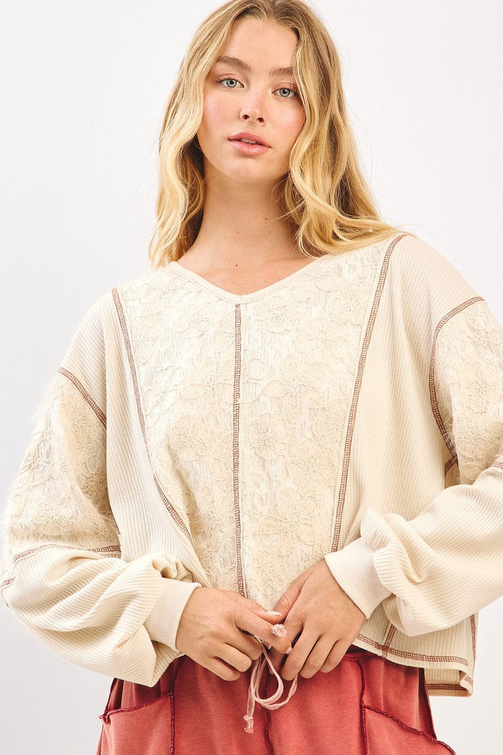 Floral Lace Contrast Stitch Long Sleeve Knit Top