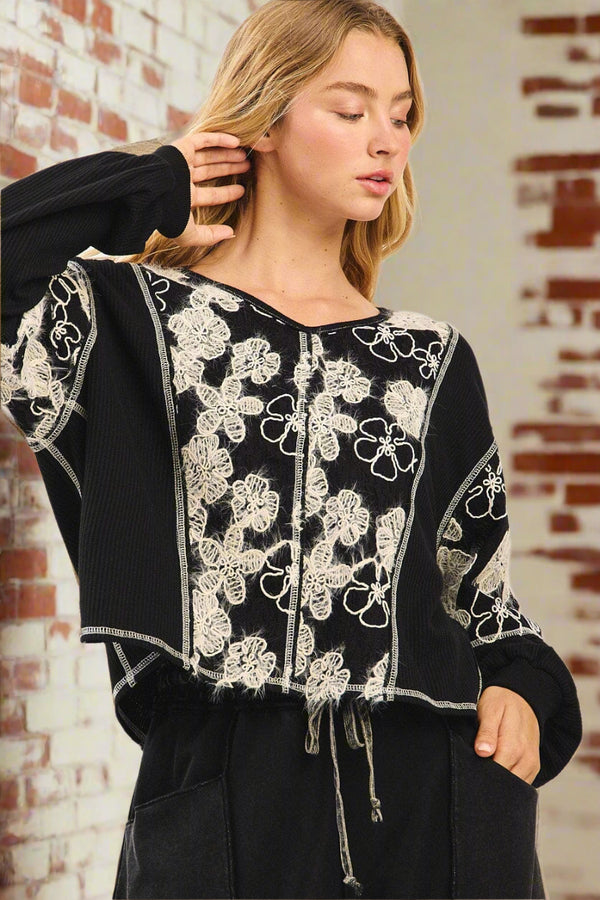 Floral Lace Contrast Stitch Long Sleeve Knit Top