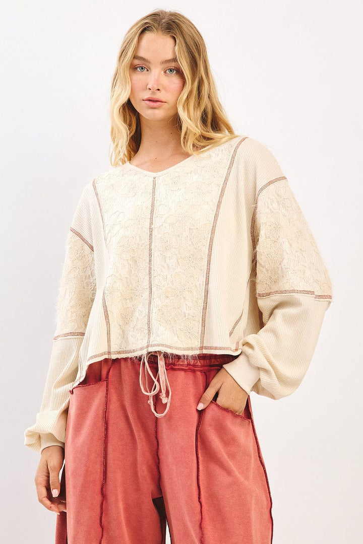 Floral Lace Contrast Stitch Long Sleeve Knit Top