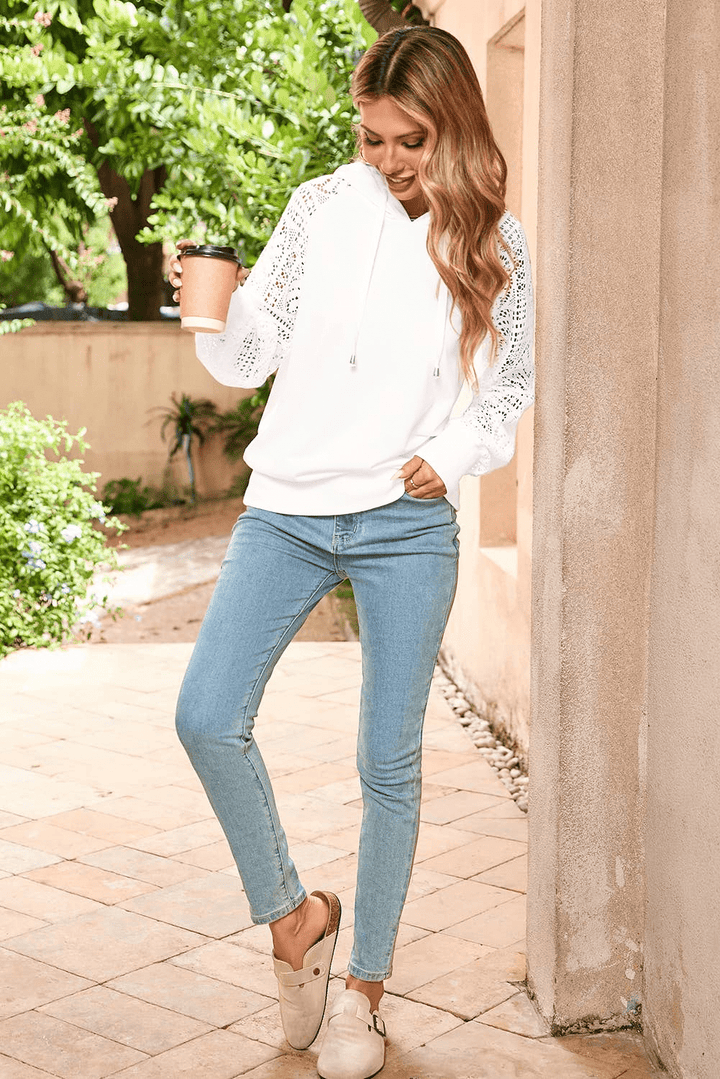 Floral Lace Sleeve Lightweight Pullover Drawstring Hoodie