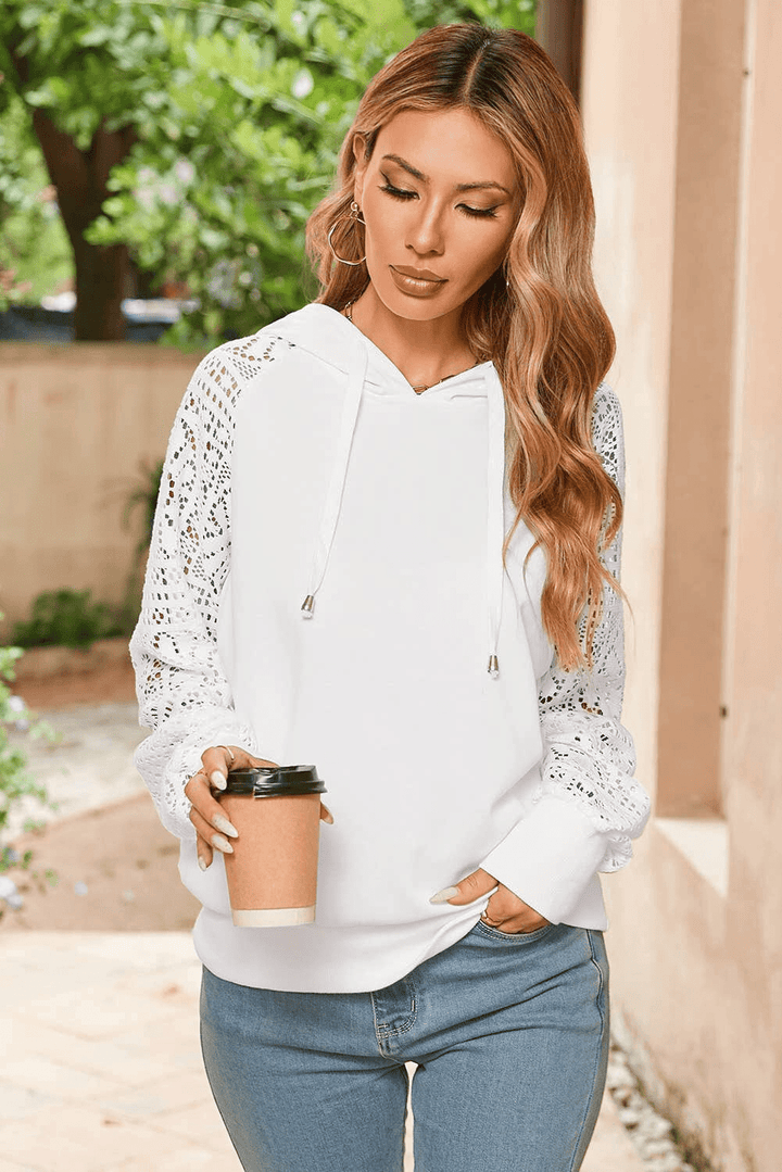 Floral Lace Sleeve Lightweight Pullover Drawstring Hoodie