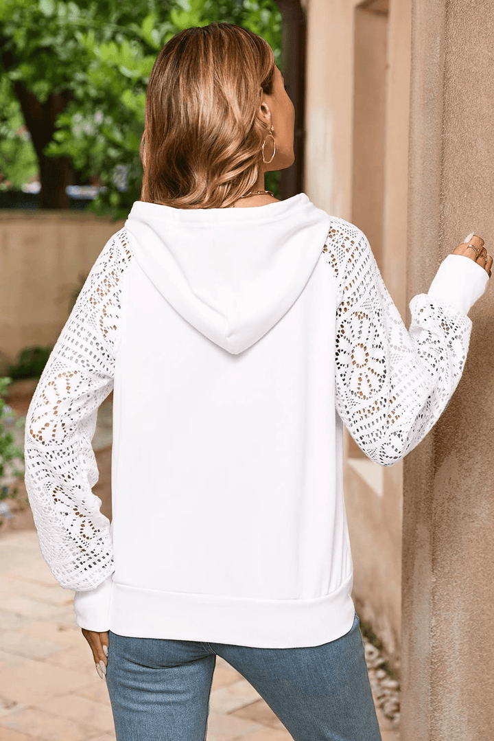 Floral Lace Sleeve Lightweight Pullover Drawstring Hoodie